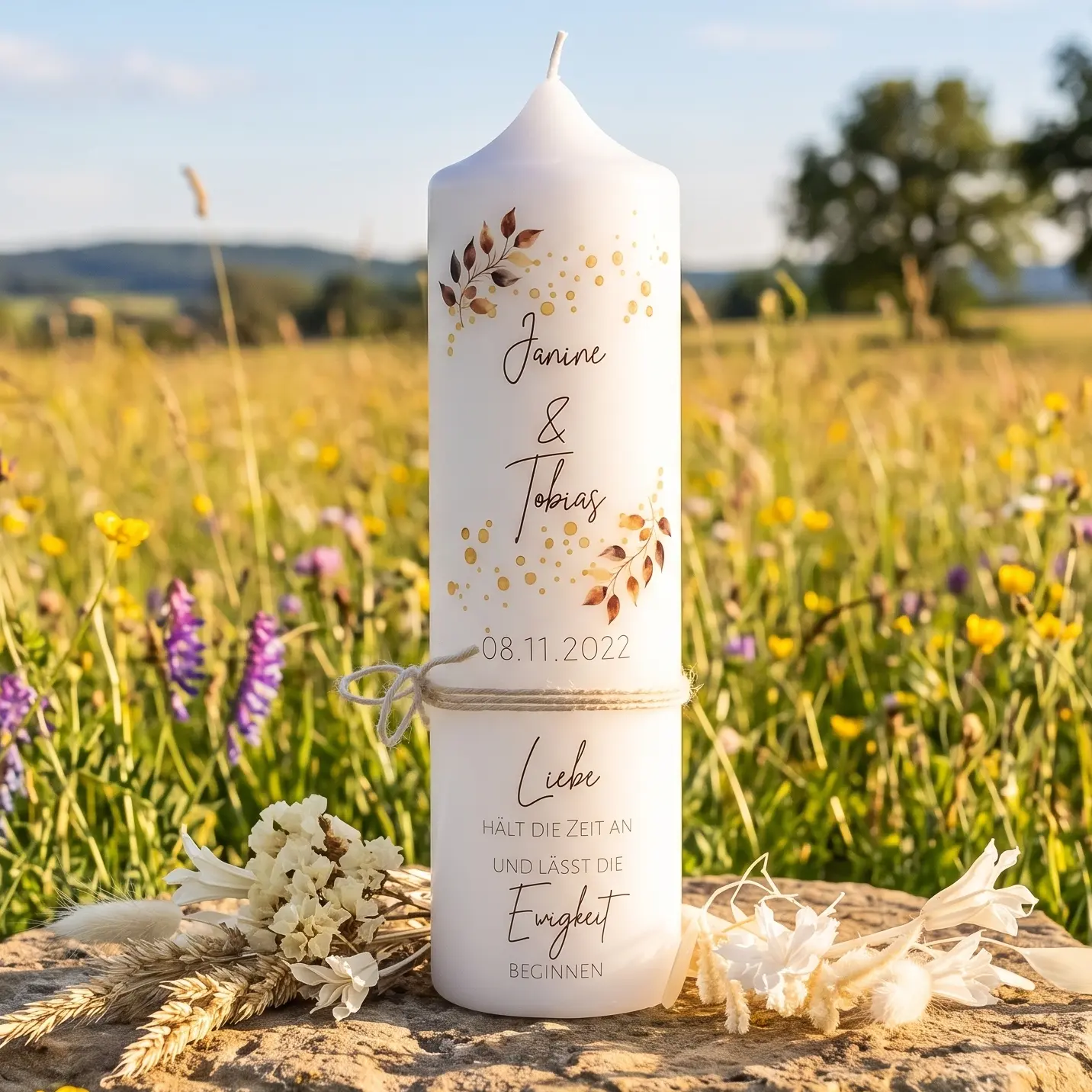 Hochzeitskerze weiß mit goldenen Blättern, goldenen Punkten, Namen, Datum und Liebesspruch, personalisiert