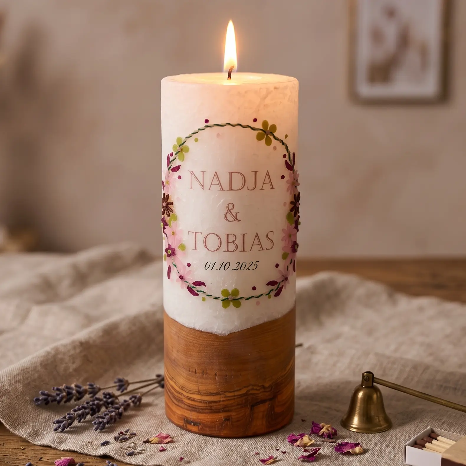 Hochzeitskerze rosa mit Blumenkranz, floral verziert, personalisiert mit Namen und Datum