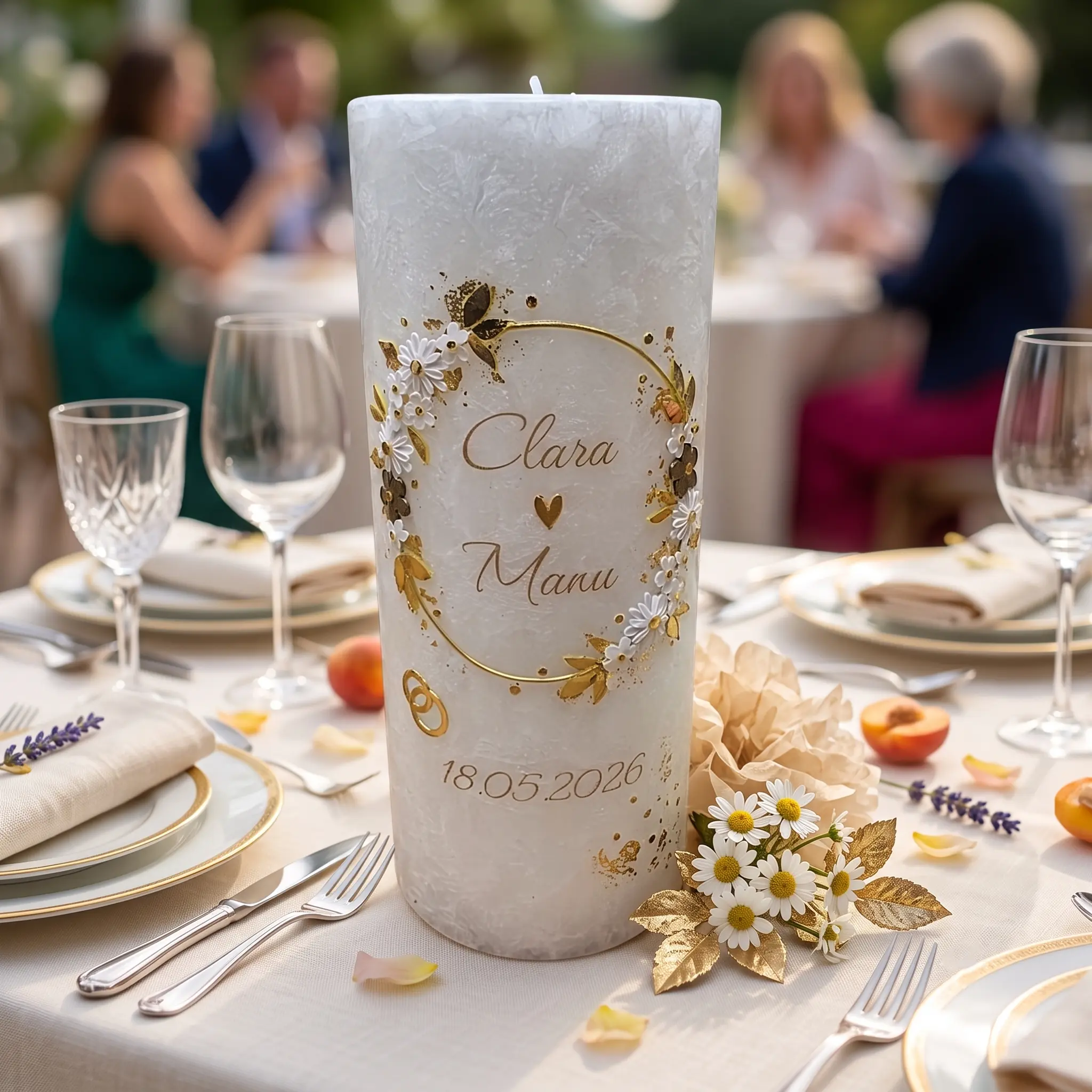 Hochzeitskerze Kristall-Optik mit goldenem Ringkranz, Blattgold und floralen Akzenten, personalisiert mit Namen und Datum
