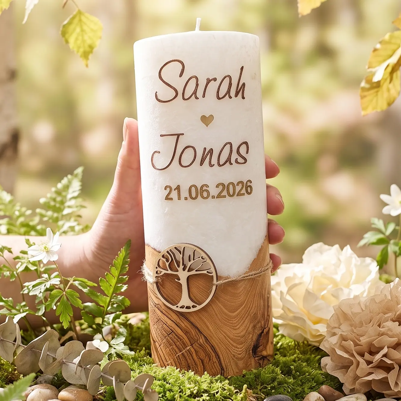 Hochzeitskerze mit Holzfuß, Lebensbaum-Anhänger und goldenem Herz, personalisiert mit Namen und Datum