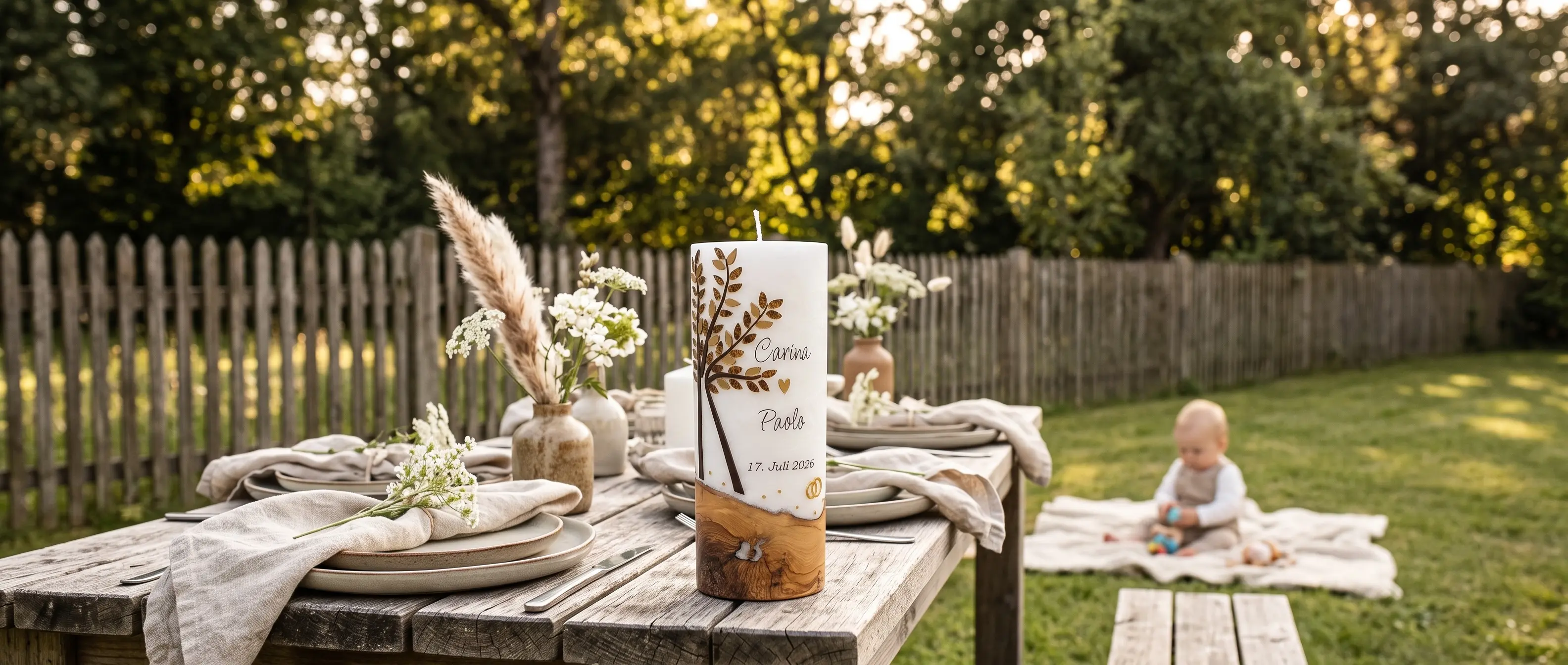 Hochzeitskerze mit Holzfuß, goldenem Lebensbaum und Ringen auf gedecktem Gartentisch, personalisiert mit Namen und Datum