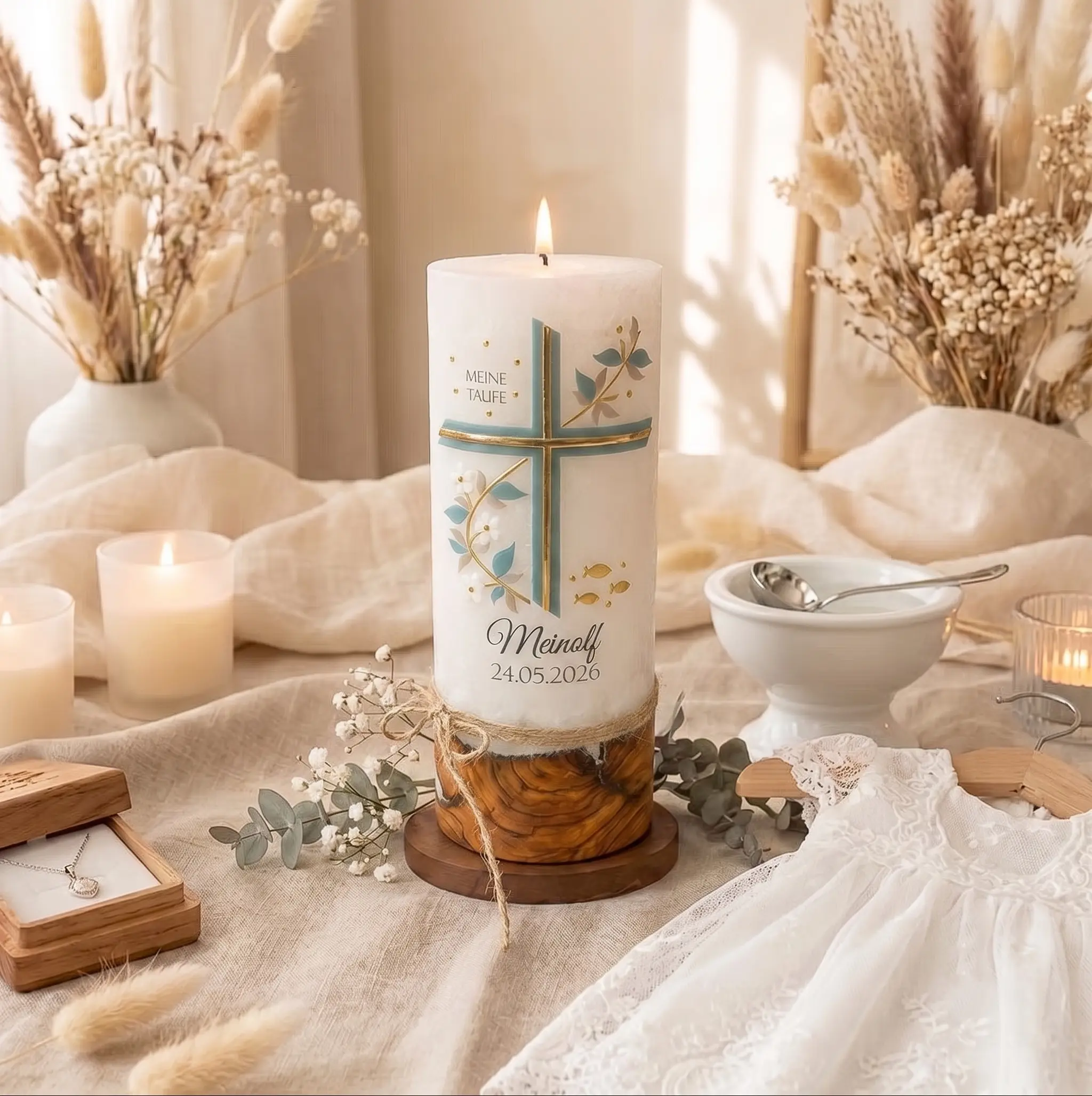 Taufkerze Eukalyptus Boho Stil handverziert mit Ranken und Kreuz