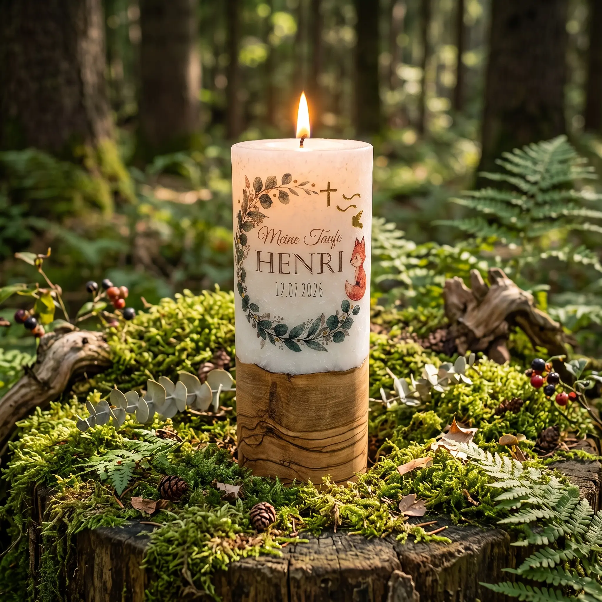 Taufkerze Holz-Edition mit schmetterlingen Unikat