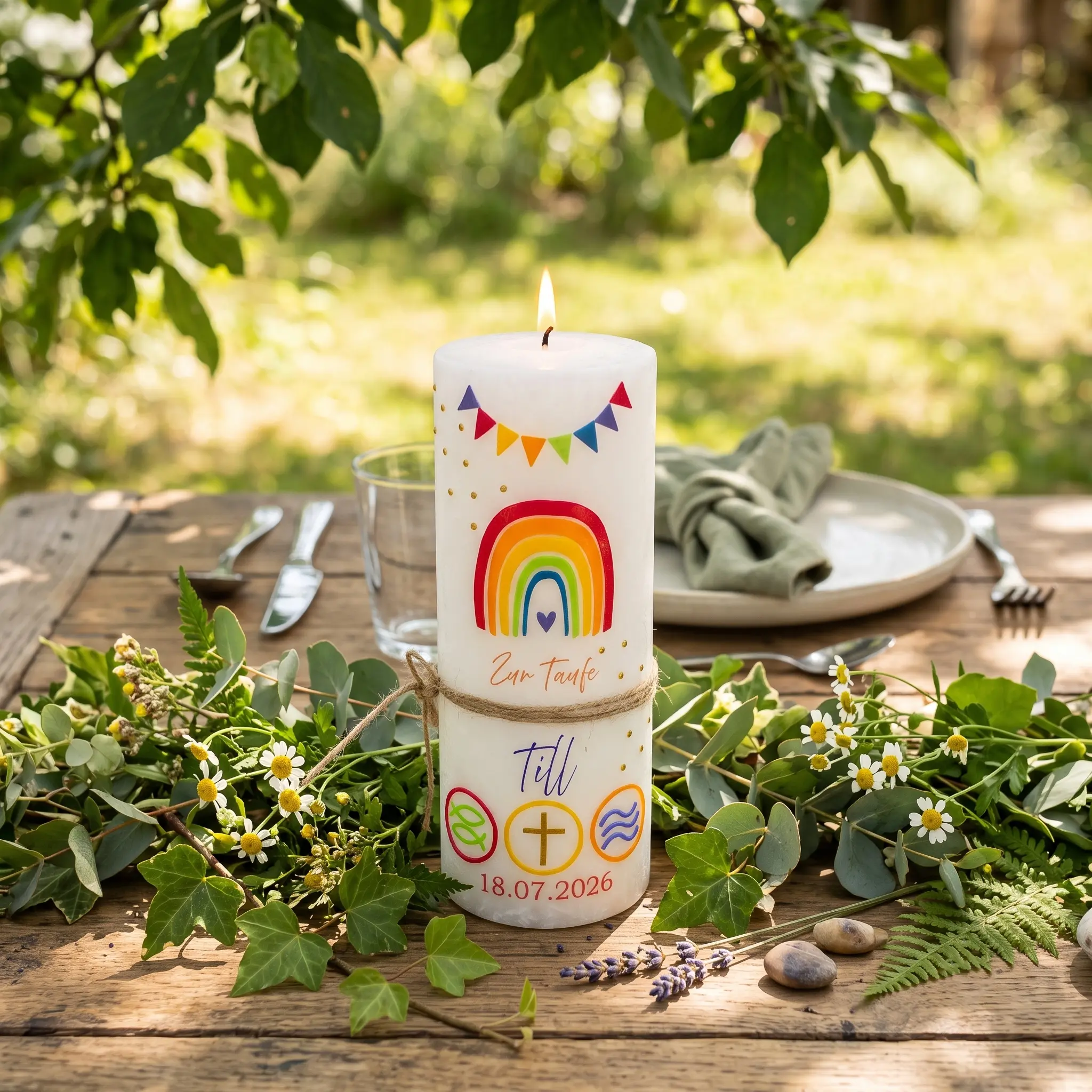 Moderne Taufkerze mit Regenbogen Motiv handverziert