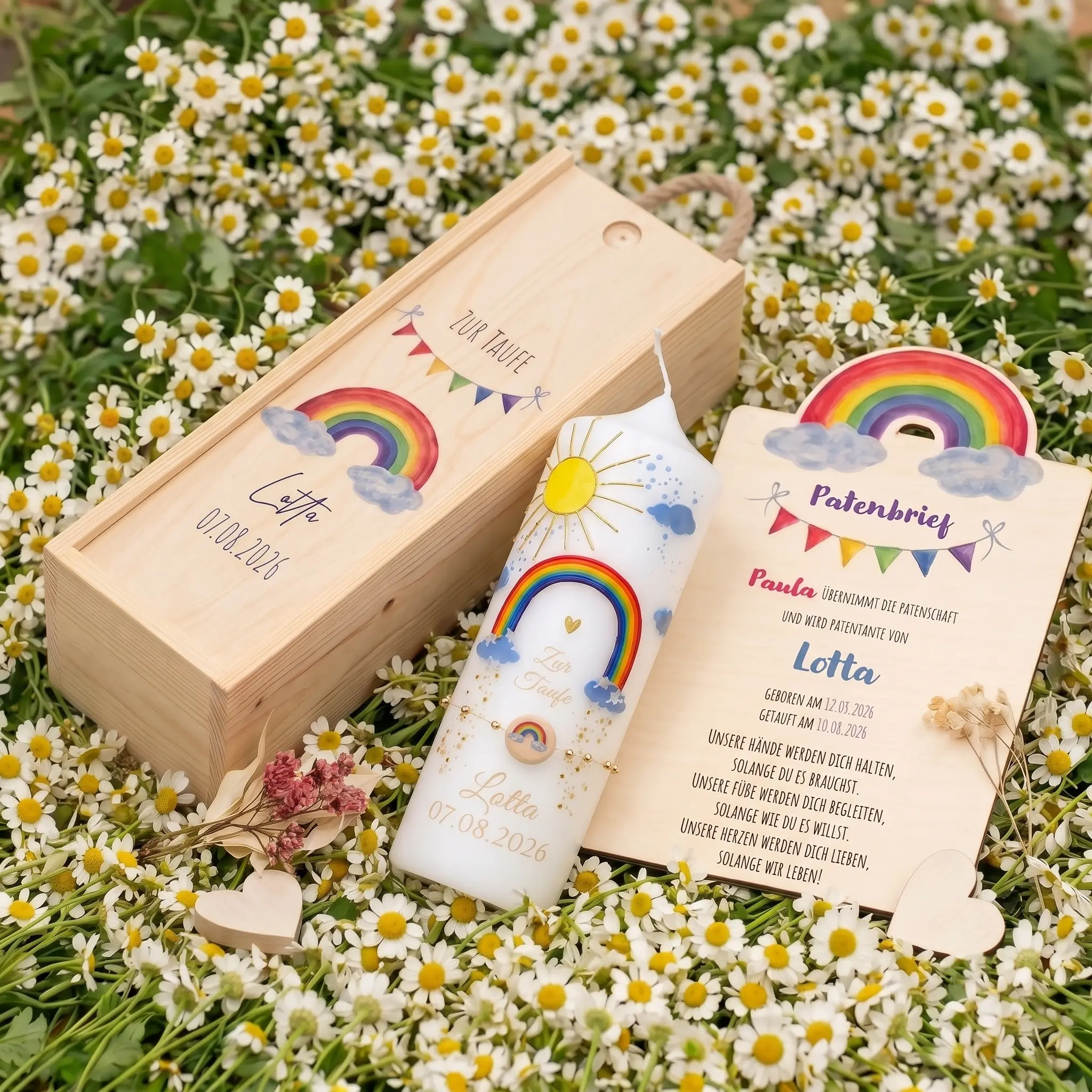 Personalisiertes Taufset Regenbogen mit Taufkerze Kerzenbox und Patenbrief aus Holz