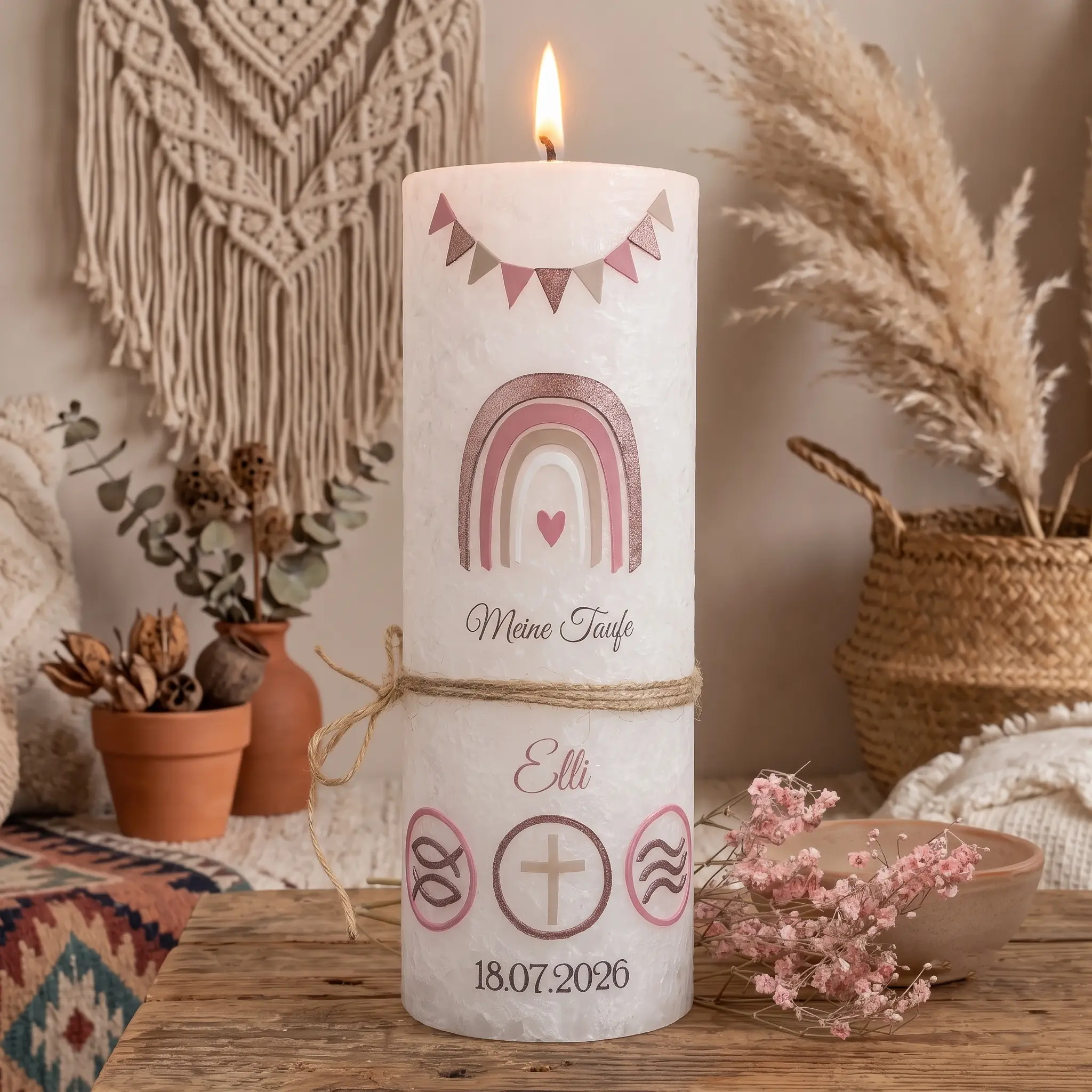 Taufkerze Regenbogen Aquarell Boho Stil Erdtöne handverziert