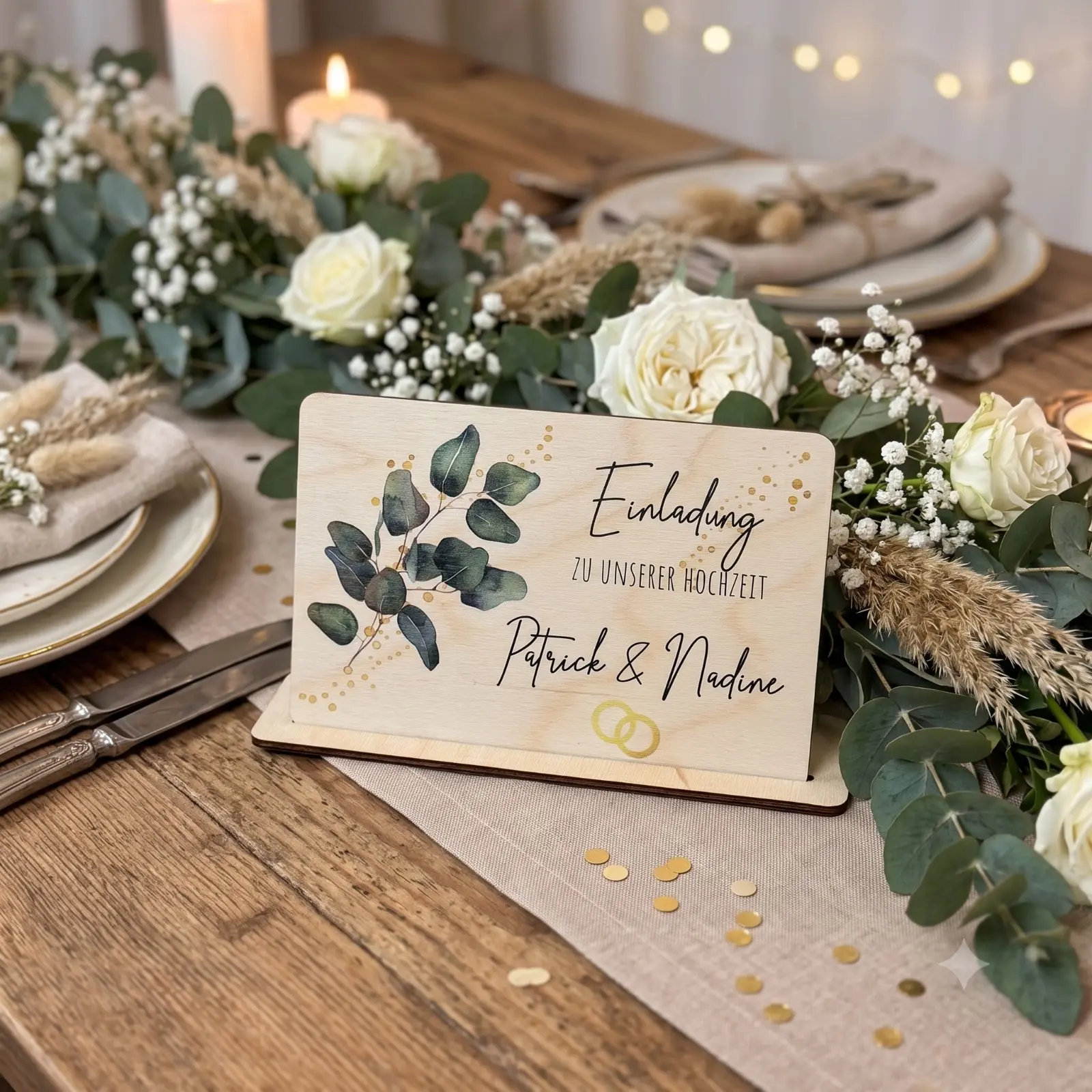 Einladungskarten aus Papier und Holz personalisiert