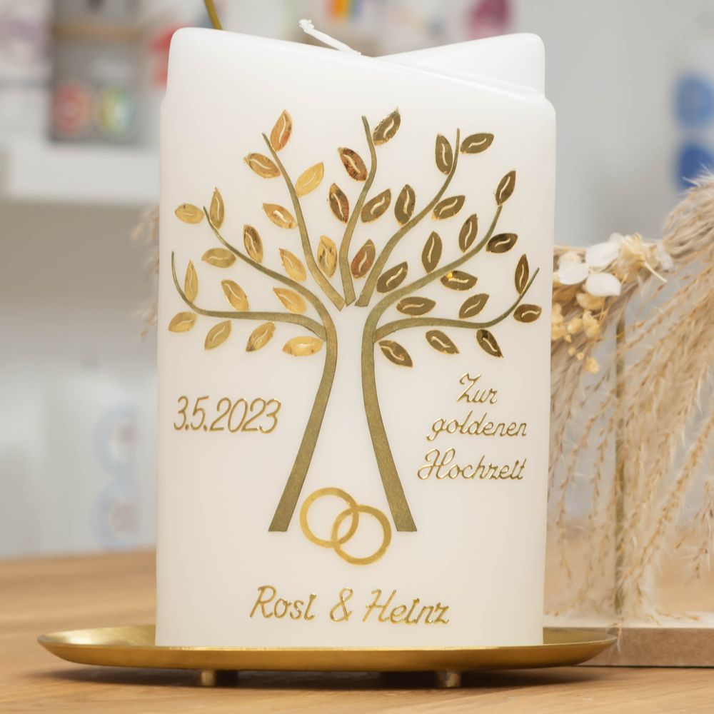 Kerze zur Goldenen Hochzeit ILEX wachsverziert