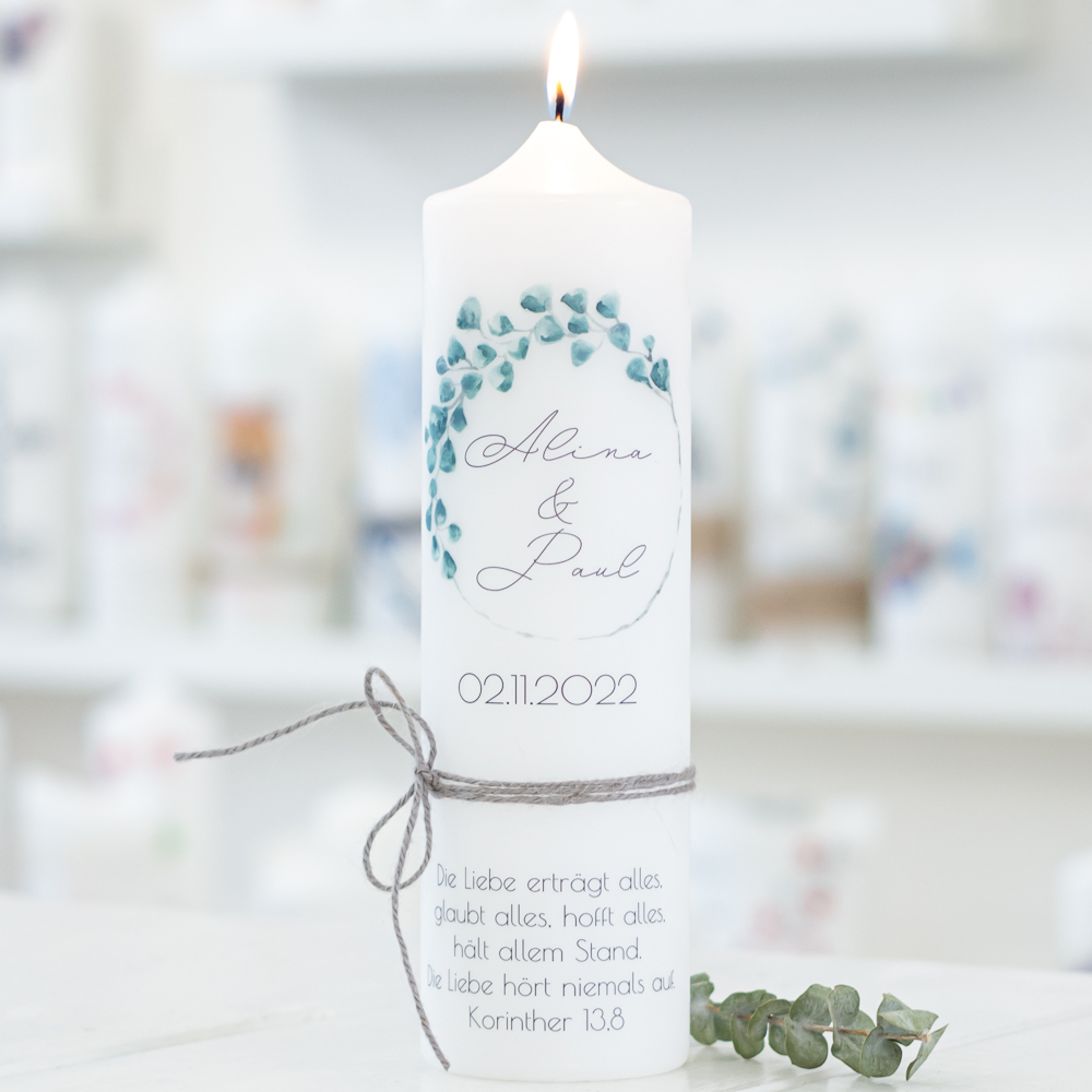 Hochzeitskerze mit Designdruck EUKALYPTUS