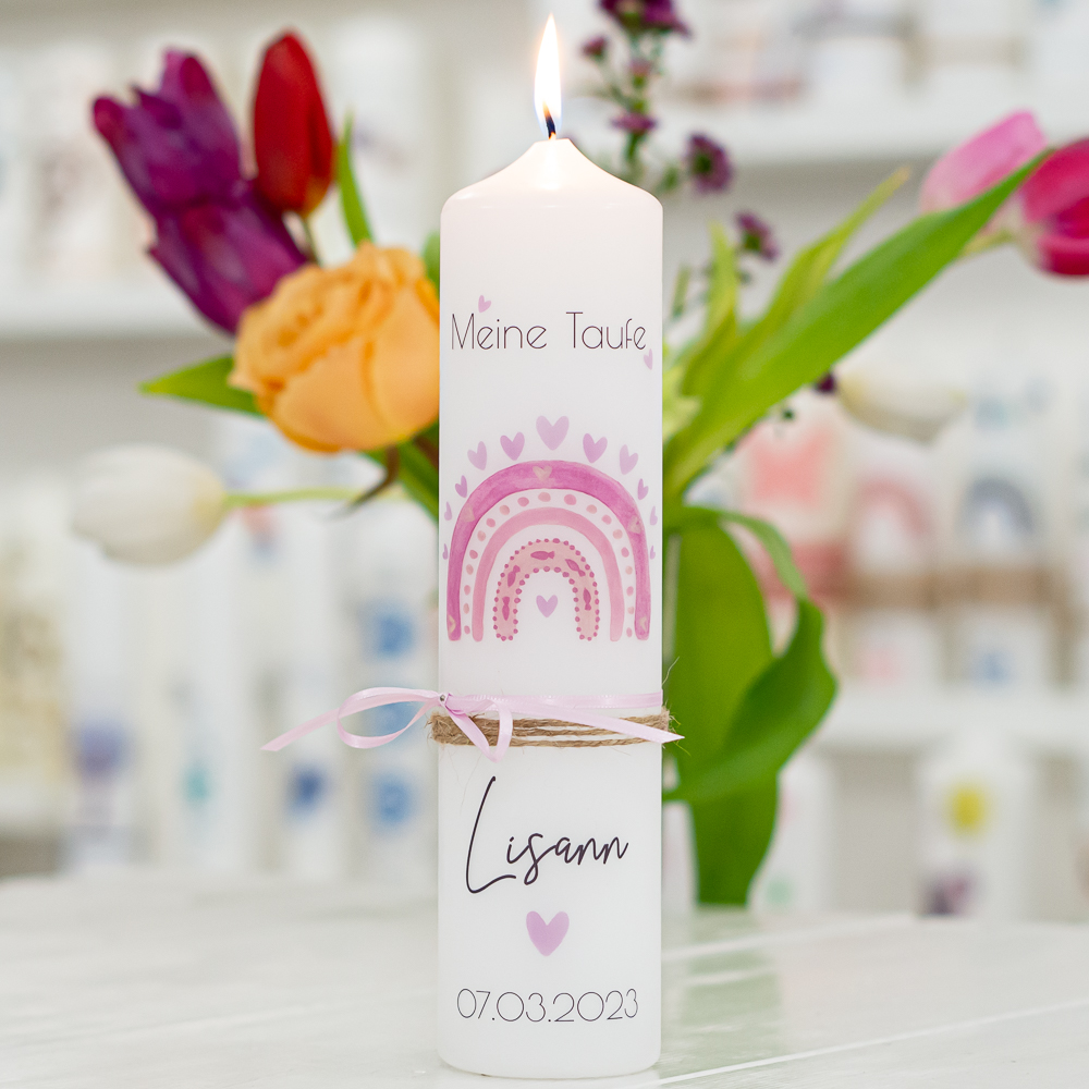 Taufkerze mit Designdruck REGENBOGEN rosa