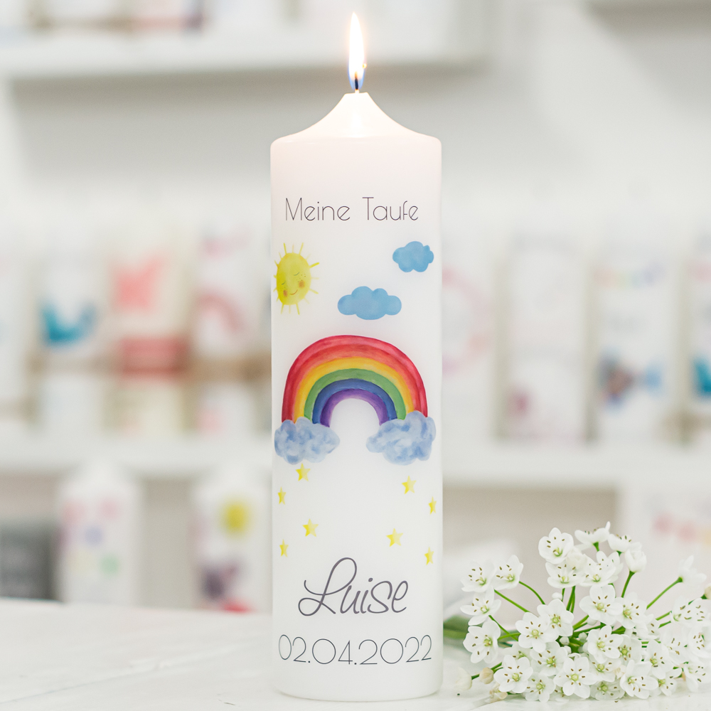 Taufkerze mit Designdruck REGENBOGEN bunt