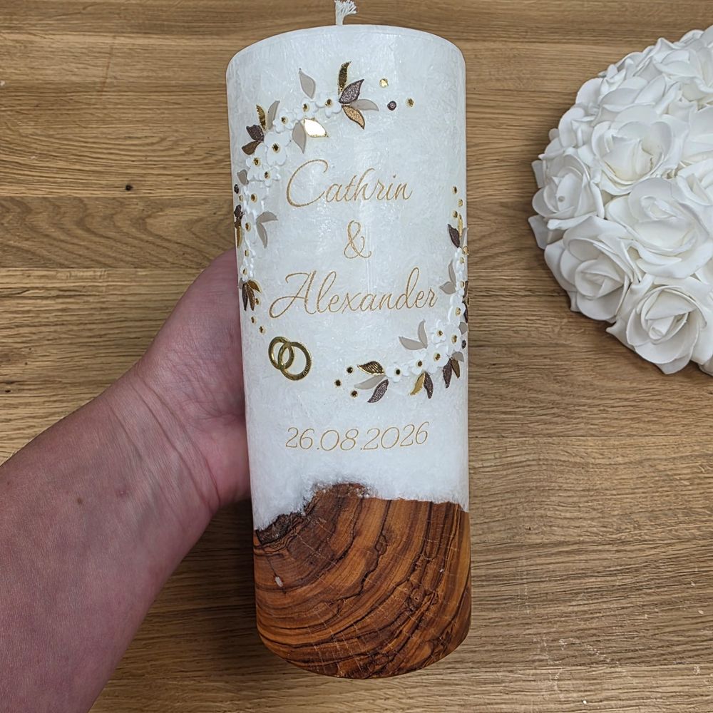 Personalisierte Hochzeitskerze WOODEN LOVE mit echtem Holz und Teelichteinsatz