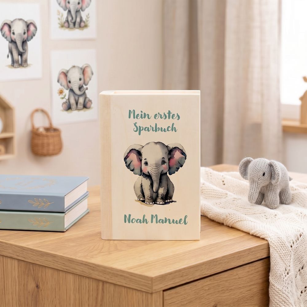 Mein erstes Sparbuch ELEFANT- personalisierte Spardose aus Holz als Geschenk für Jungen und Mädchen