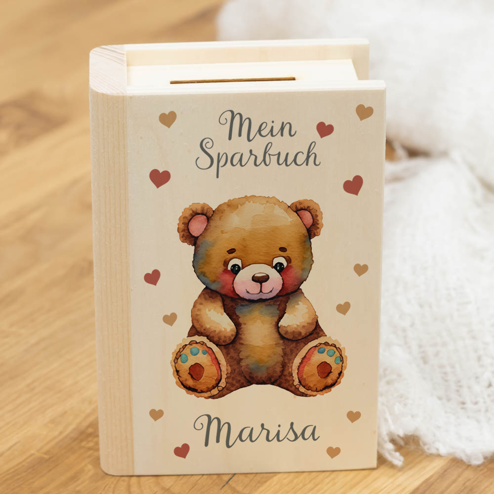 Mein Sparbuch aus Holz TEDDY personalisiert