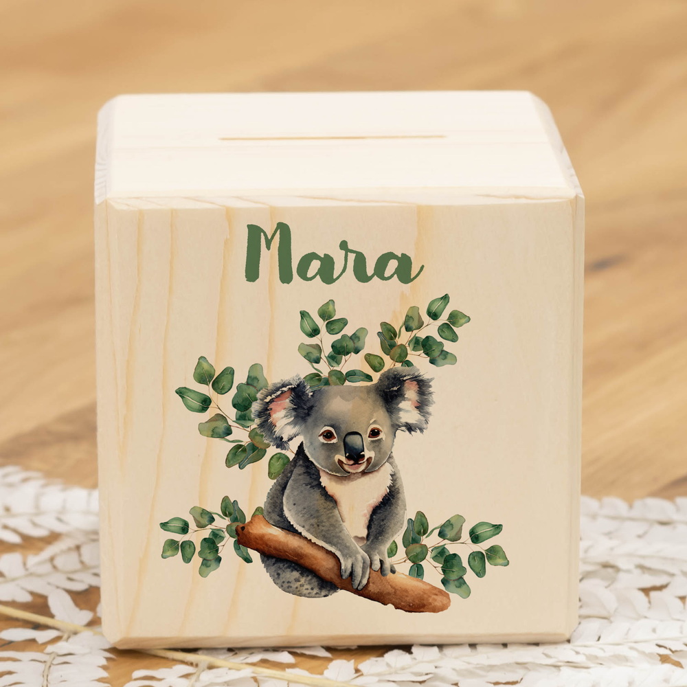 Spardose Würfel KOALA mit Eukalyptus personalisiert