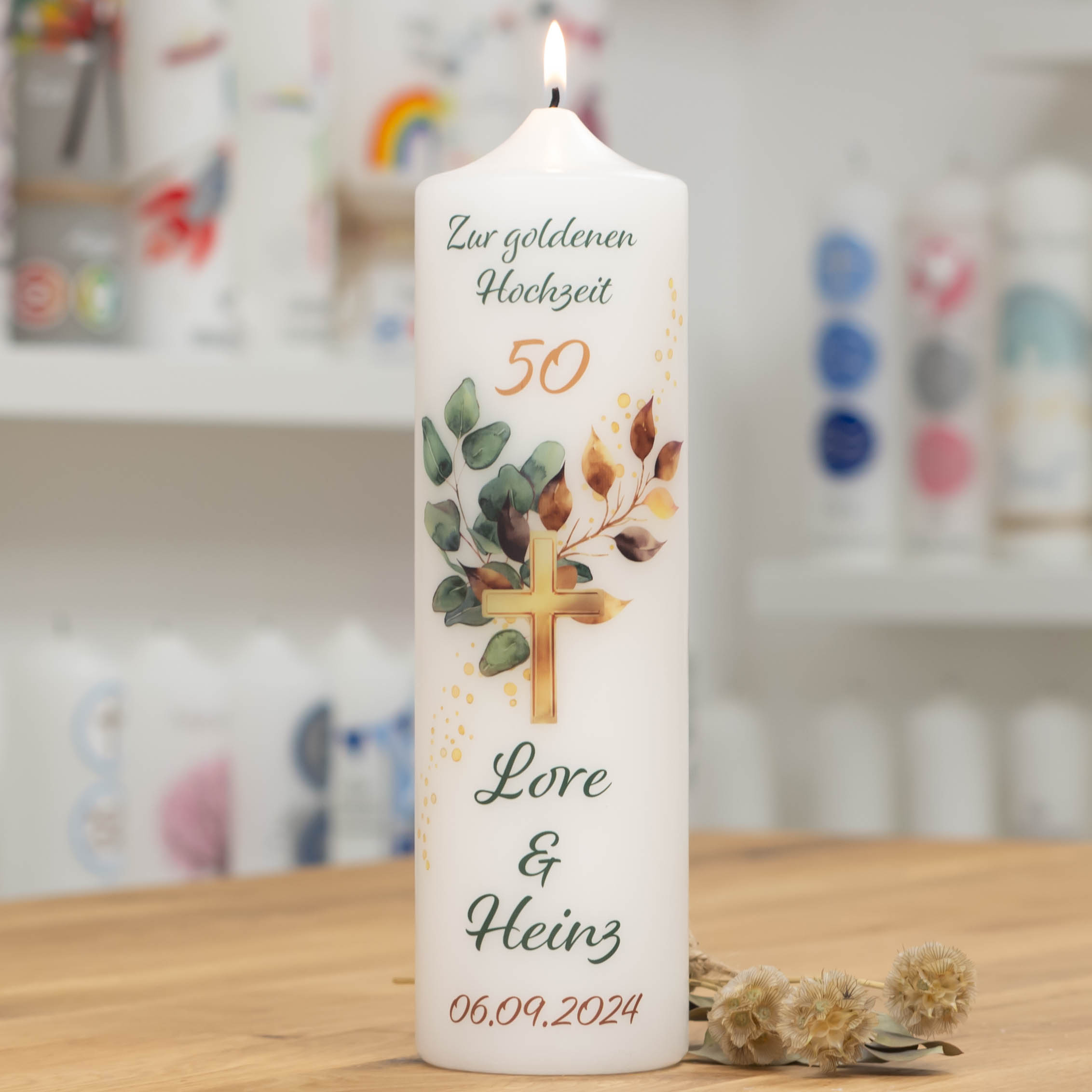 meinkerzenshop® Kerze zur Goldenen Hochzeit mit Designdruck GOLDMARIE personalis