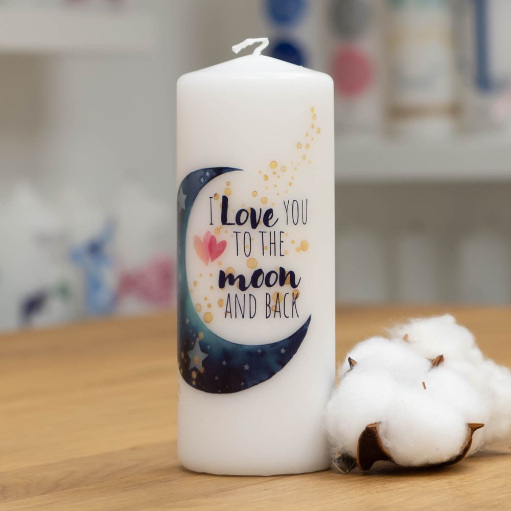 Kerze zum Valentinstag mit Designdruck TO THE MOON
