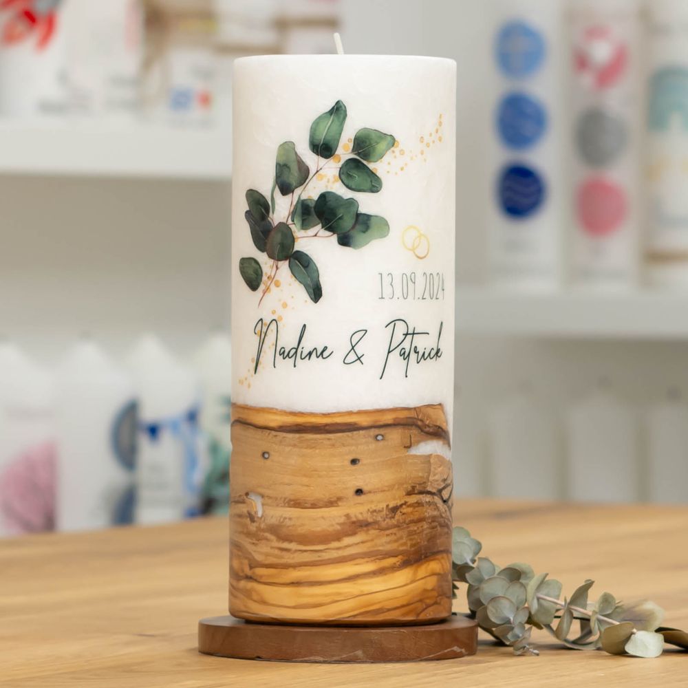 Hochzeitskerze mit Designdruck LINZ mit echtem Holz