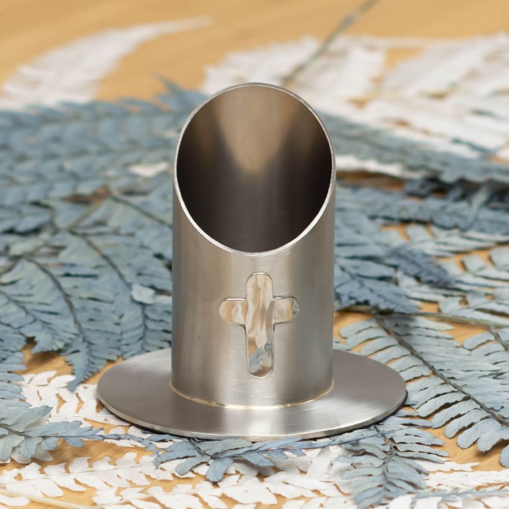Kerzenhalter mit Kreuz aus Metall APOLLON silber (4 cm) für deine Kommunionkerze oder Taufkerze