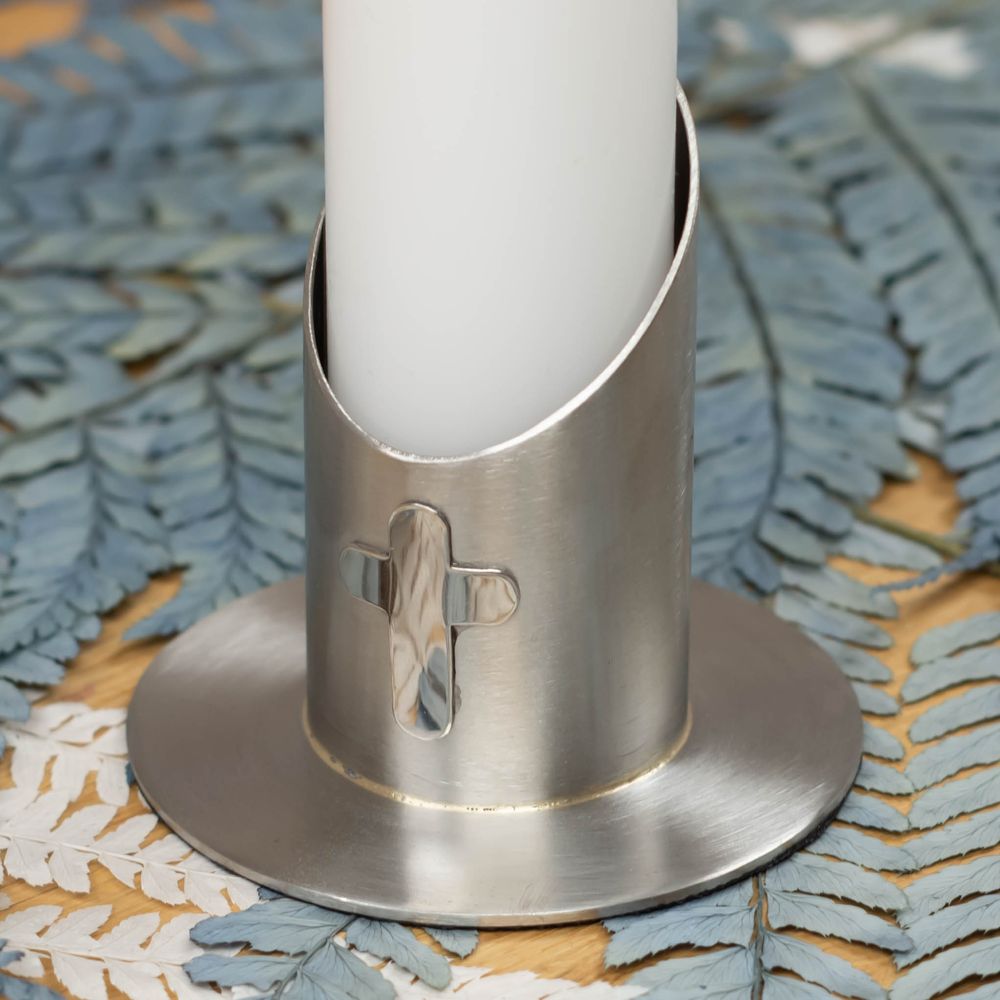 Kerzenhalter mit Kreuz aus Metall APOLLON silber (4 cm) für deine Kommunionkerze oder Taufkerze