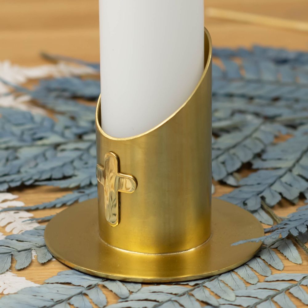 Kerzenhalter mit Kreuz aus Metall NEPTUN gold (4 cm) für deine Kommunionkerze oder Taufkerze