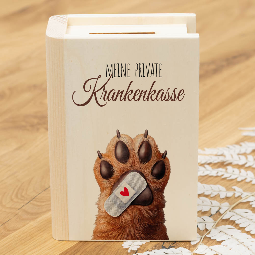 Sparbuch aus Holz KRANKENKASSE Spardose für Hund oder Katze