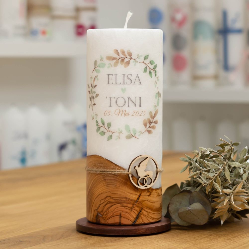 Hochzeitskerze mit Designdruck ZÜRICH mit echtem Holz und Holzanhänger