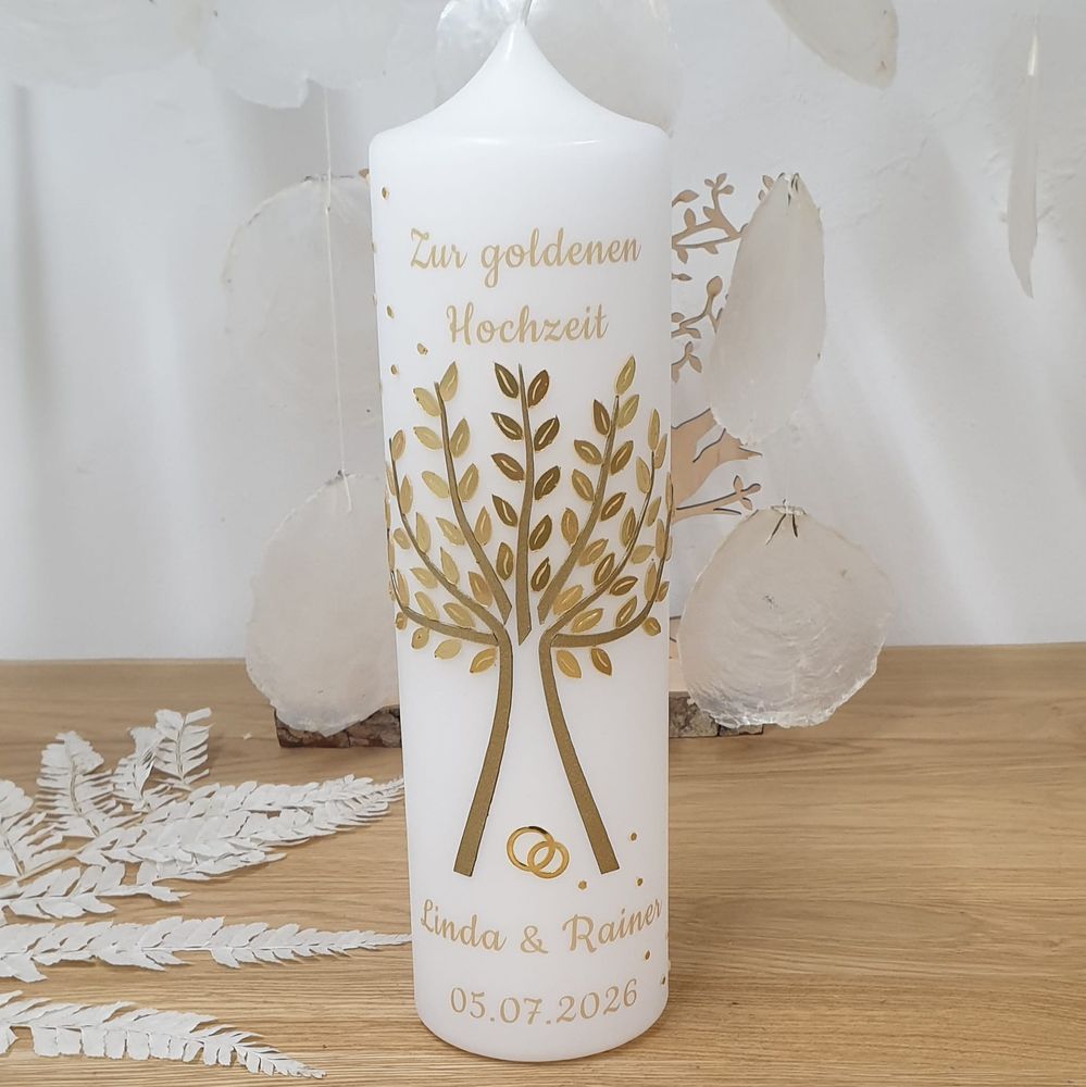 Kerze zur Goldenen Hochzeit mit Designdruck und Wachsverzierung GOLDREGEN
