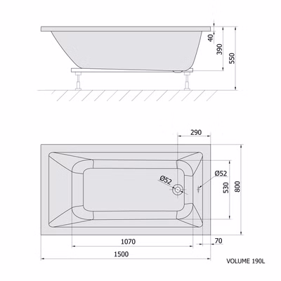 Badewanne Sundown Mono 150 x 80 platzsparend