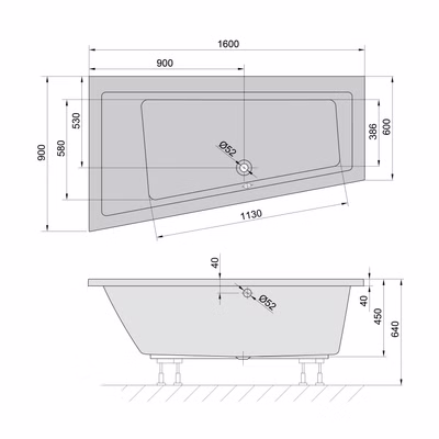 Badewanne + Wannenträger Komplettset Andra 160 x 90 links