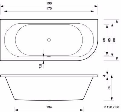 Badewanne Petra R 190 x 80 x 50 cm Duowanne