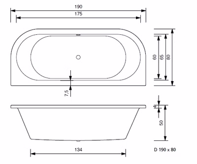 Badewanne Petra D 190 x 80 x 50 cm Duo Vorwandwanne