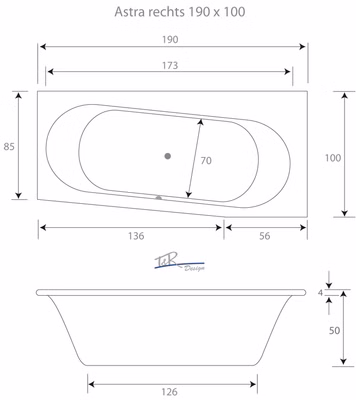 Badewanne Astra R 190 x 100 / 85 x 50 cm Duowanne