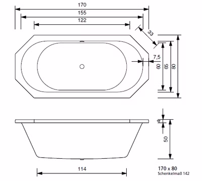 Badewanne Paola 170 x 80 x 50 cm Duowanne