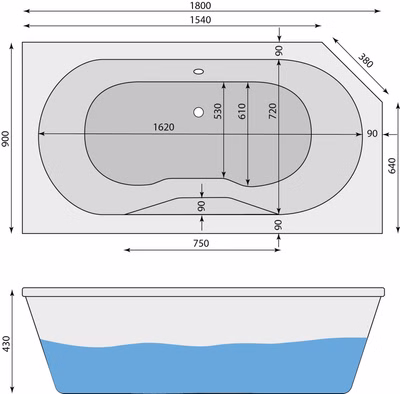 Badewanne Lea R 180 x 90 x 43 cm Duowanne