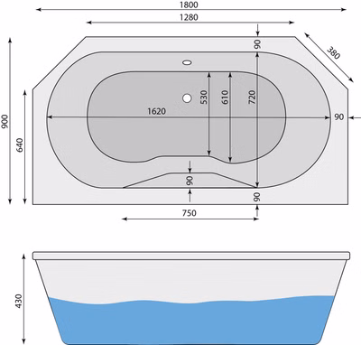 Badewanne Lea D 180 x 90 x 43 cm Duo Vorwandwanne