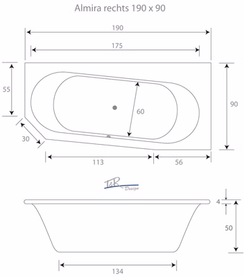 Badewanne Almira R 190 x 90 x 50 cm Duowanne