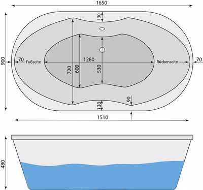Badewanne Lenzi 165 x 90 x 48 cm Ovalwanne