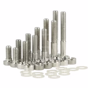 THAKKER Aluminum Phono Screw-Set M2.5 – for mounting cartridges on headshells. 6 different lengths, 2 pieces each. Inclusively matching nuts and washers. All non-magnetic. Front view.