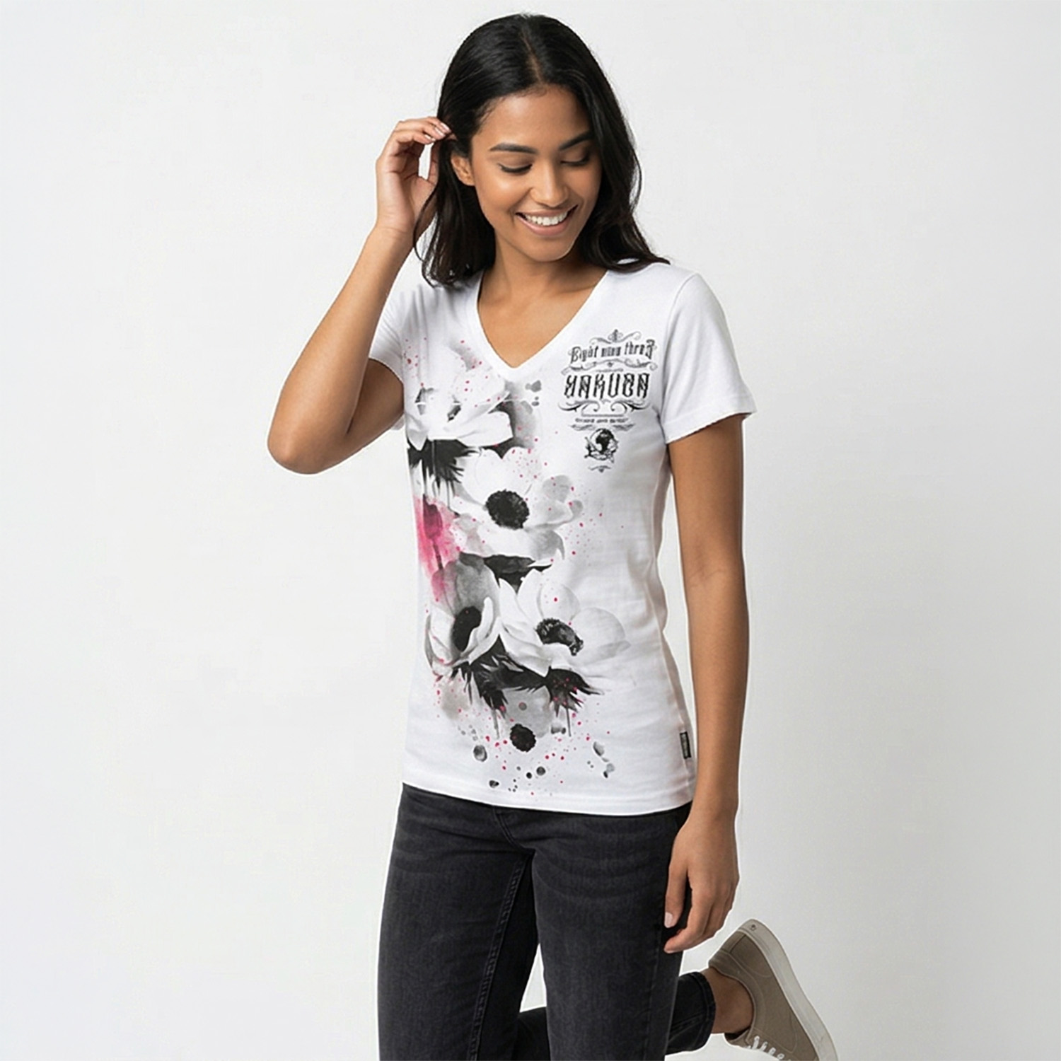 Yakuza dámské tílko Flower Style Curved V Neck T-Shirt white 3XL